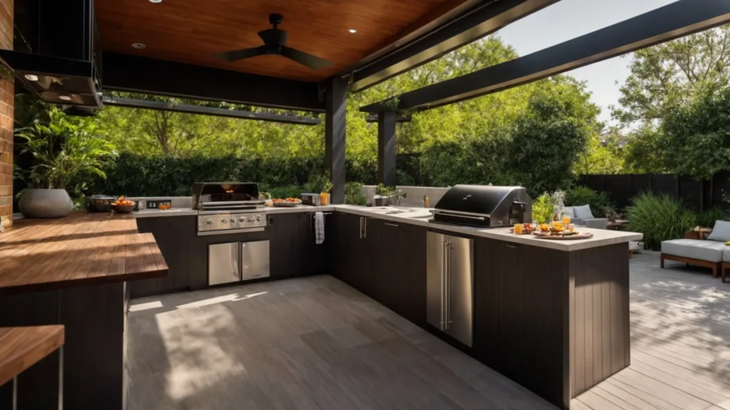 a beautifully designed outdoor kitchen nestled in a vibrant springfield backyard, featuring sleek appliances and inviting seating under dappled sunlight, surrounded by lush greenery.