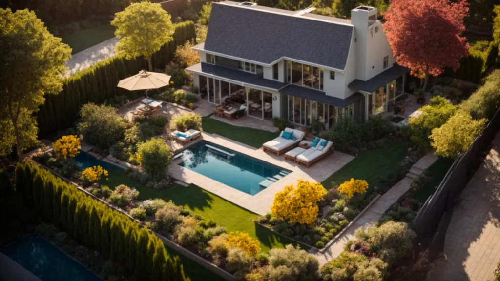 a breathtaking aerial view of an elegantly landscaped backyard featuring vibrant flower gardens, a stunning patio, and inviting outdoor furniture, all bathed in warm, golden afternoon sunlight, exuding the essence of smart home value enhancement.