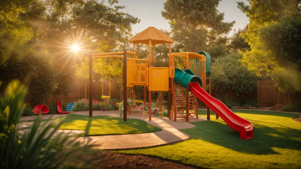 a vibrant and inviting backyard playground, bathed in golden sunlight, features colorful play structures surrounded by lush greenery and playful, soft grass, creating an idyllic space for children’s laughter and adventure.